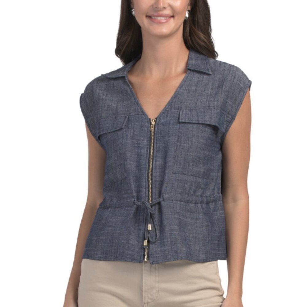 ELLEN TRACY Sleeveless Patch Pocket Chambray Top - Picture 1 of 4